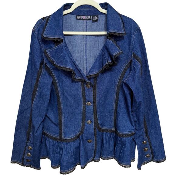 Pyramid Collection Ruffle Denim Jacket Women 2X Blue Black Lace Trim Whimsigoth - Picture 1 of 11